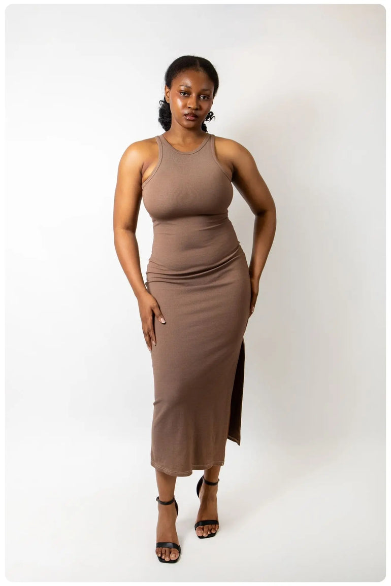 brown racer dress Brown Cutout Halter Rhinestone Racer Back Maxi Dress Brown / M