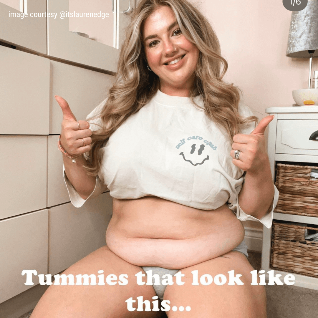 Laurenedge instgram post white writing " tummies that look like this ..: used as main image for interview