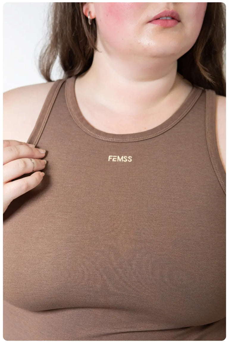 close up of contrast embro  Racer Back  Tank Top Soft Brown Luxury