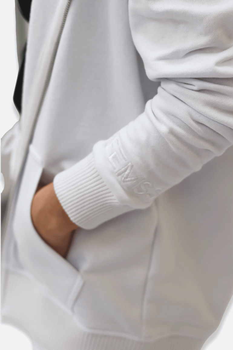 Elevated lounge hoodie jacket white sleeve close up
